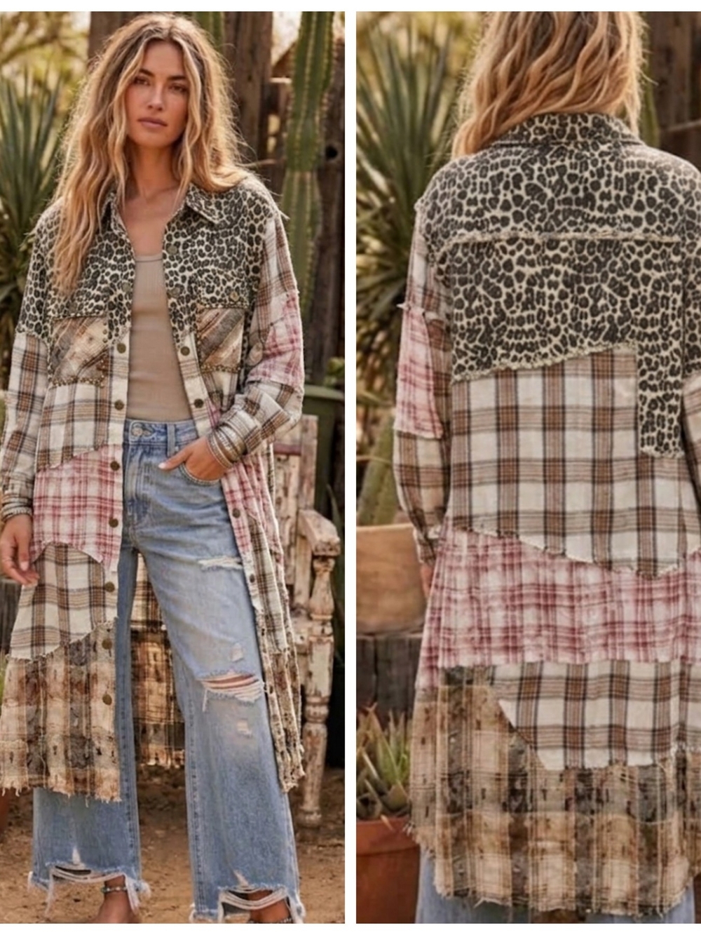 Patchwork Plaid & Leopard Longline Shirt Jacket - Beige Multi